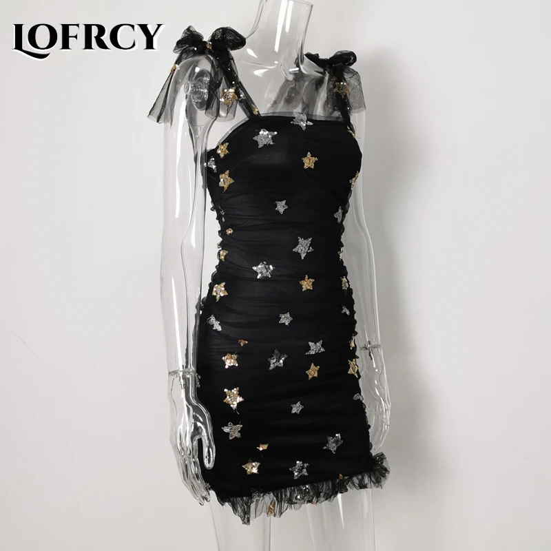 Новое милое мини-платье Lofrcy с бантом на бретельках со звездами и блестками