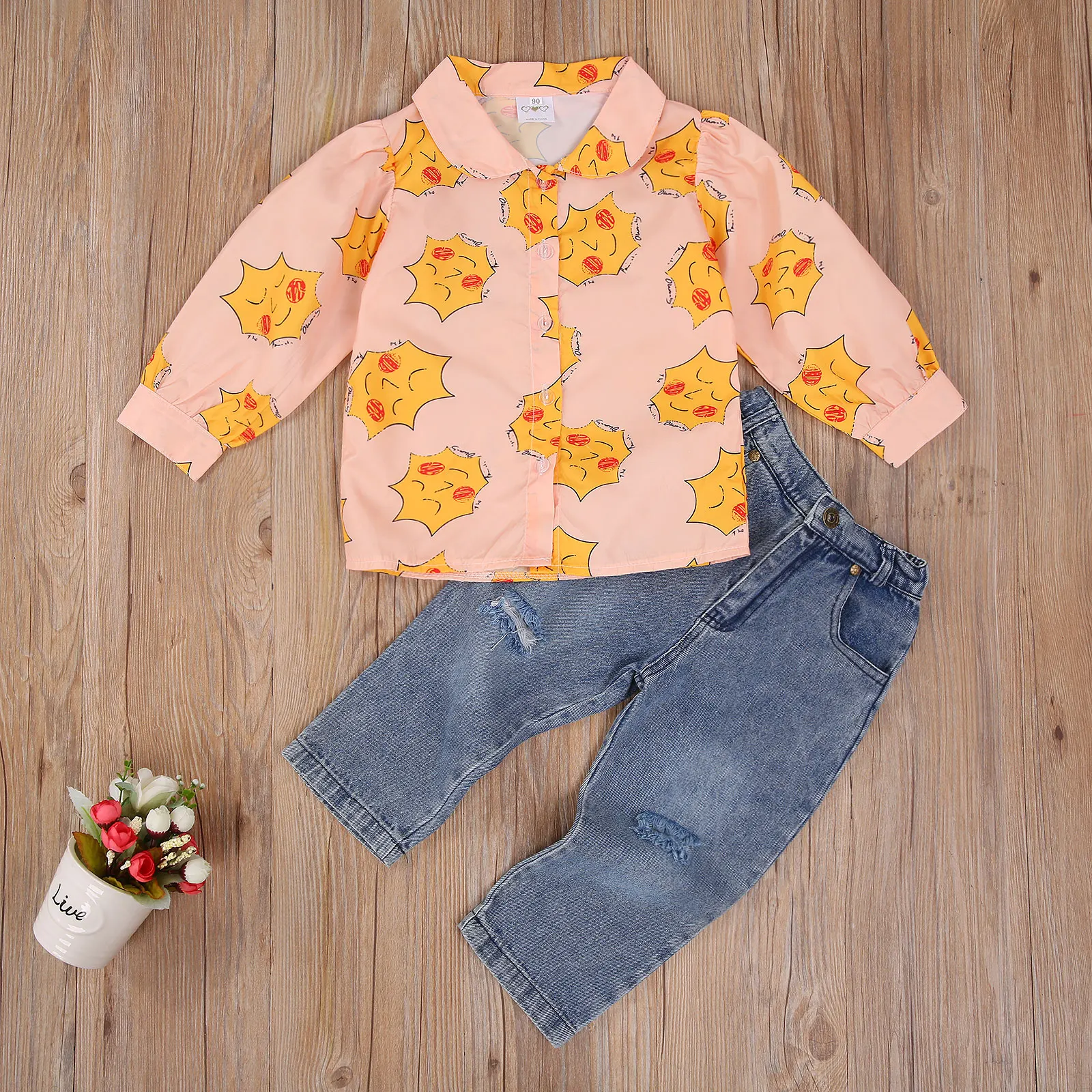 

Toddler Baby Girls Clothing Set Children Long Sleeve Cartoon Single-breasted Lapel Collar Shirt Top+ Ripped Jeans 2-7Years