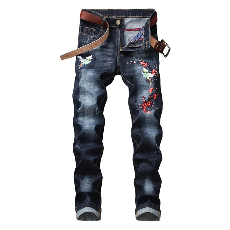 2019 осень зима мужские облегающие джинсы Лоскутные рваные стрейч с вышивкой
