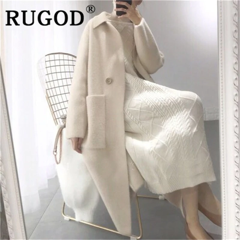 RUGOD новинка зимнее теплое одноцветное пальто для женщин двубортное с карманами