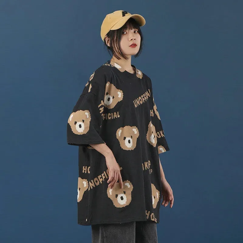 

Summer High Street Students School Kawaii Bear Cute Girls Female Black Funny Printed Women Girls Ladies Streetwear Tops