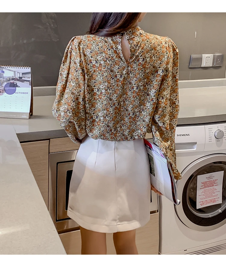 

Retro Stand Collar Floral Printed Women Blouses 2021 Spring Autumn Long Sleeve Lace Ruffle Loose Chiffon Shirts Blusas Tops New