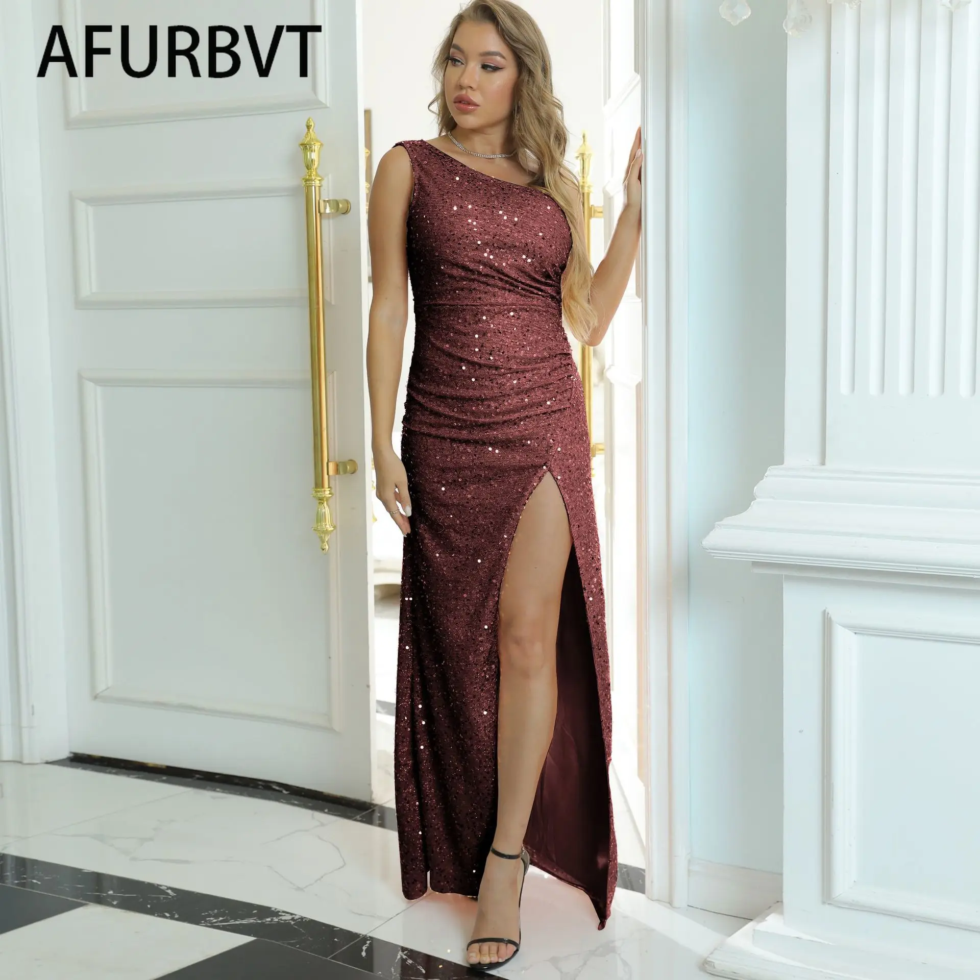 

Women Party Bridesmaids Long Dress sequins Out Sleeveless Solid Color Maxi Club Dress One Shoulder High Split Dress Robe Femme