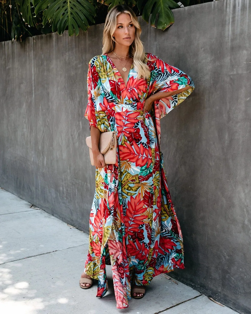 

2021 Bohemian Floral Leaf Printed Half Length Bats Sleeve Summer Beach Wrap Dress Cotton Tunic Women Beachwear Long Dres