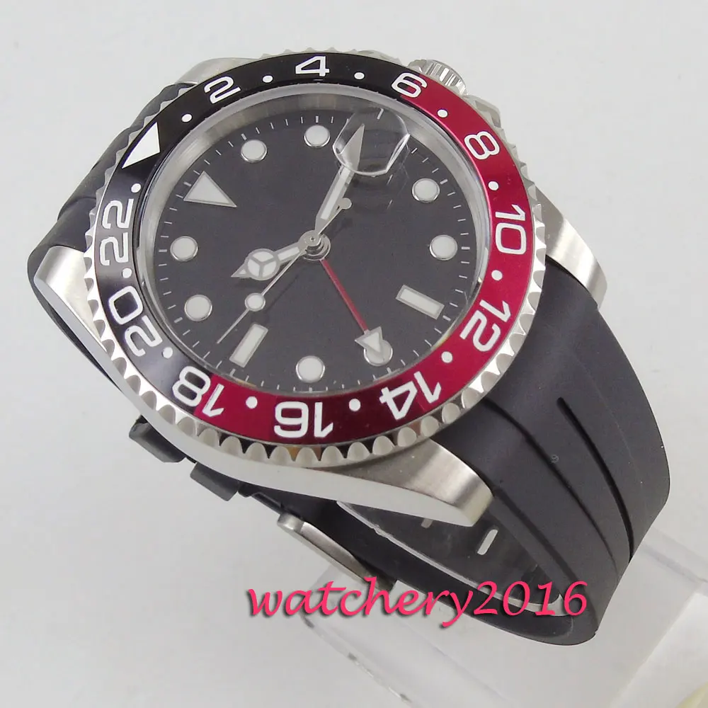 Мужские часы PARNIS 40 мм с черным стерильным циферблатом и сапфировым