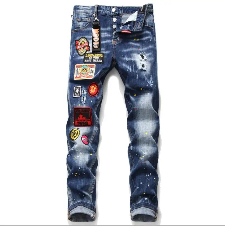 

New dsquared2 Stitching Printing Men's Slim Jeans Straight Leg Motorcycle Rider Hole Pants Blue Jeans Man ripped jeans pants