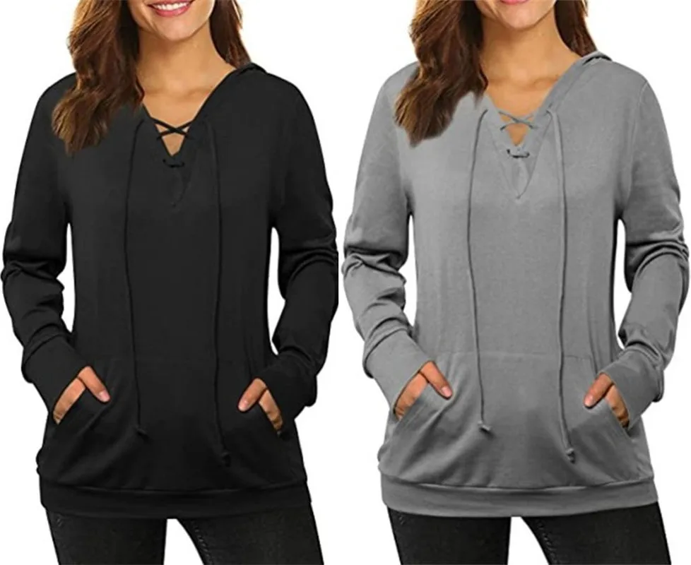 

Новая женская Толстовка свободного покроя с v-образным вырезом и длинным рукавом на ремешке, Женские однотонные топы, модная уличная хипсте...
