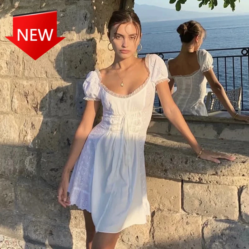 

ruffle vintage beach dress famale puff sleeve hollow out tulle dress vestidos White embroidery lace up dress women 2021 summer