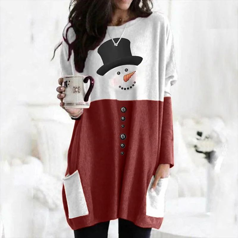 

Christmas Snowman Print Long Sleeve Dress Oversized Top with Pocket for Women TC21