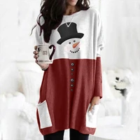 christmas snowman print long sleeve dress oversized top with pocket for women tc21