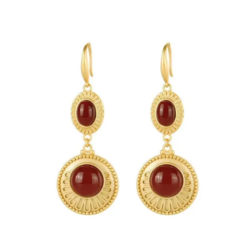 

Designer original new ancient gold craftsmanship inlaid southern red jade earrings elegant ladies jewelry