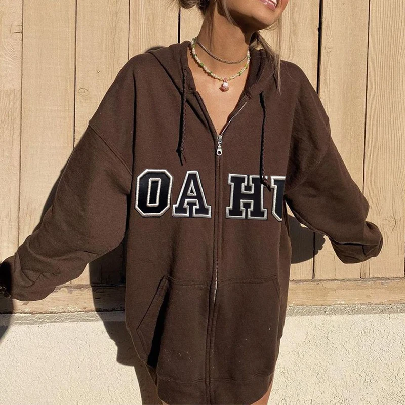

Dark Brown Vintage Streetwear Letters Print Jacket Coat Zip Up Sweatshirt Women Hoodies 2021 Autumn Korean Fashion Teens Clothes