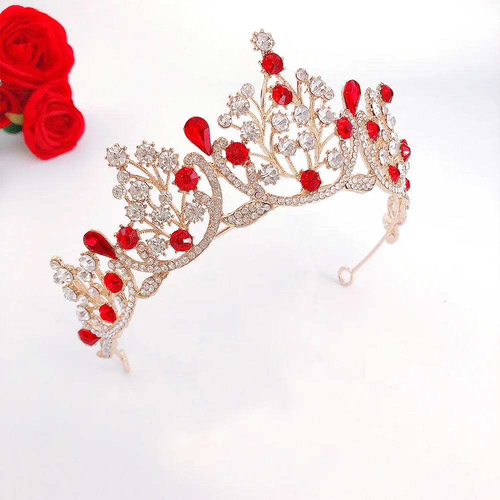 

Bridal red crystal crown Wedding birthday rhinestone rose gold crown Princess queen crown hair accessory headdress