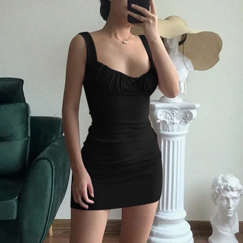 

Women Summer Sexy Sleeveless Sleeveless Dress Solid Color Low-Cut U-Neck Casual Slim Skinny Mini Dress Vacation Chic Clothes