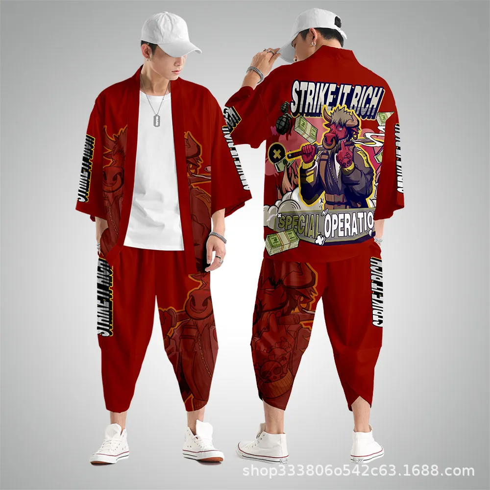 

Men's Samurai Kimono And Pant Shirt Traditional Japanese Clothes Kimono Men Red Print Cardigan Haori Obi Yukata