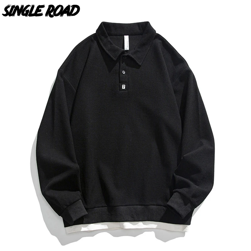 Single Road Mens Polo Collar Sweatshirt Men 2022 Cotton Sweatshirts Oversized Korean Streetwear Casual Black Golf Jersey Men