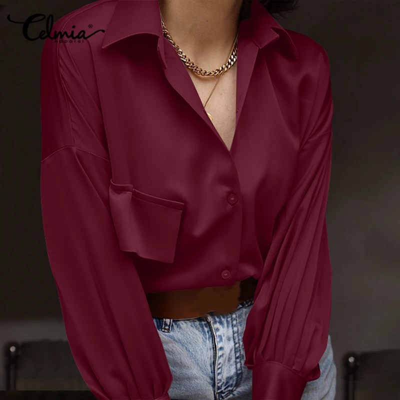 

Celmia 2021 Autumn Smooth Shirts Casual Solid Color Satin Women Tops Elegant Lantern Long Sleeve Streetwear Fashion Lapel Blouse