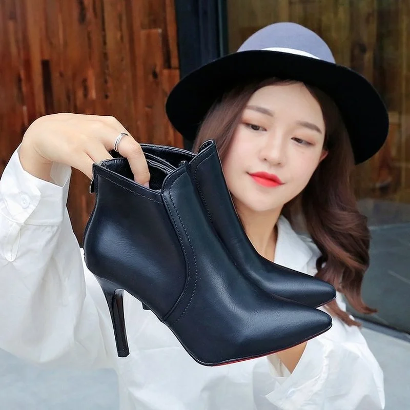 Europe 2021 Winter Women Boots High Heel Shoes Woman Fashion Pointed Thin Heels Sexy Short Boots Women's Simple Ankle Boots