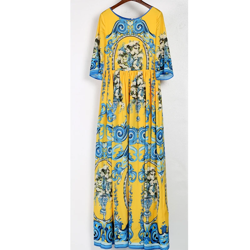 SEQINYY Long Dress 2020 Spring Autumn New Fashion Design Women Half Flare Sleeve Flowers Printed Vintage Elegant Yellow | Женская одежда