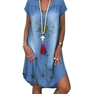 Fashion Womens Summer Jeans Dress Short Sleeve Chrysanthemum Print Irregular Hem Loose Denim Dress Casual Vintage Women Dress