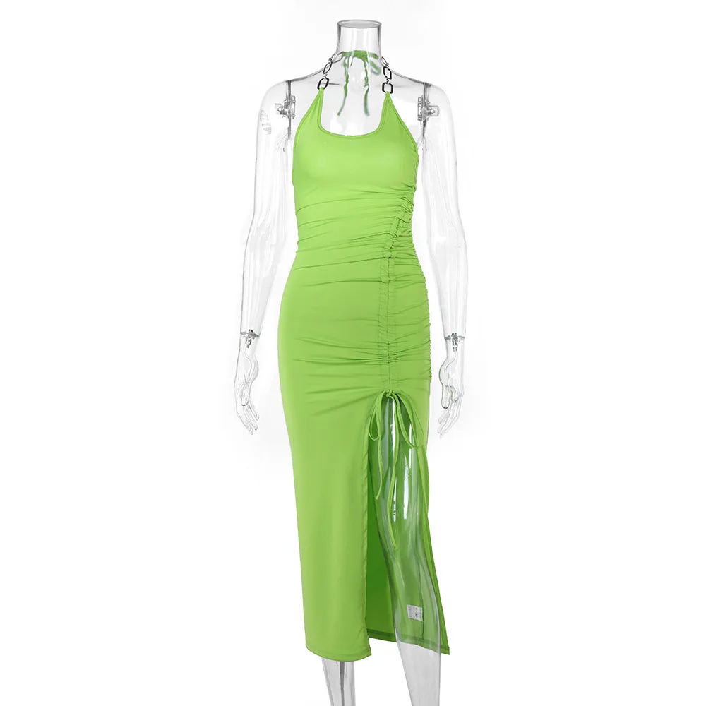 

Chain Halter Drawstring Summer Dress Sleeveless Backless Dresses For Women Sexy High Split Beach Holiday Vestidos New