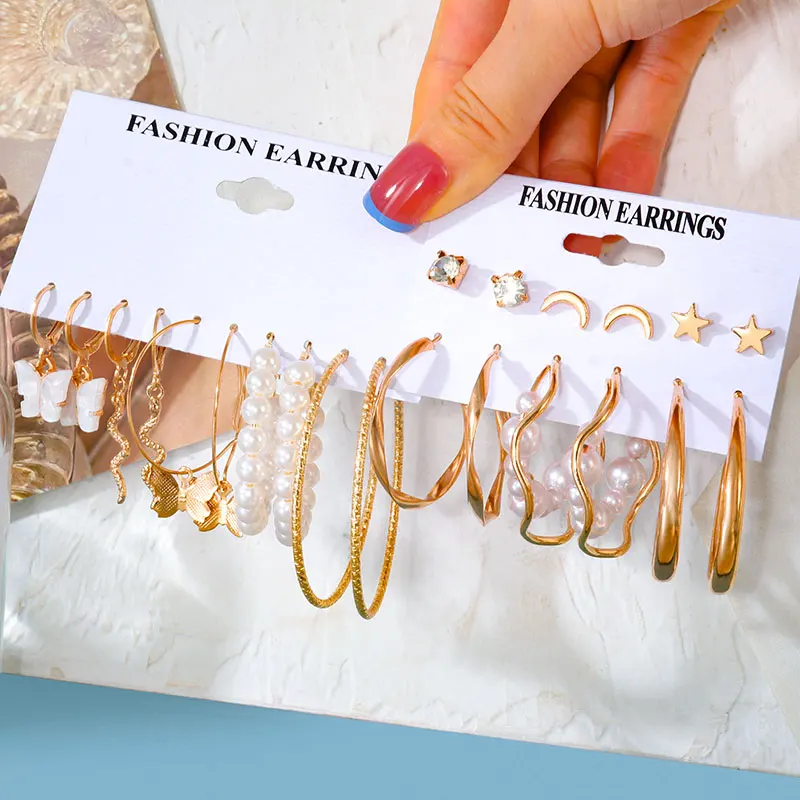 

Bohemian Pearl Dangle Drop Earrings Set For Women Metal Geometry Irregular Earrings 2021 Trend Set of Earrings Jewelry