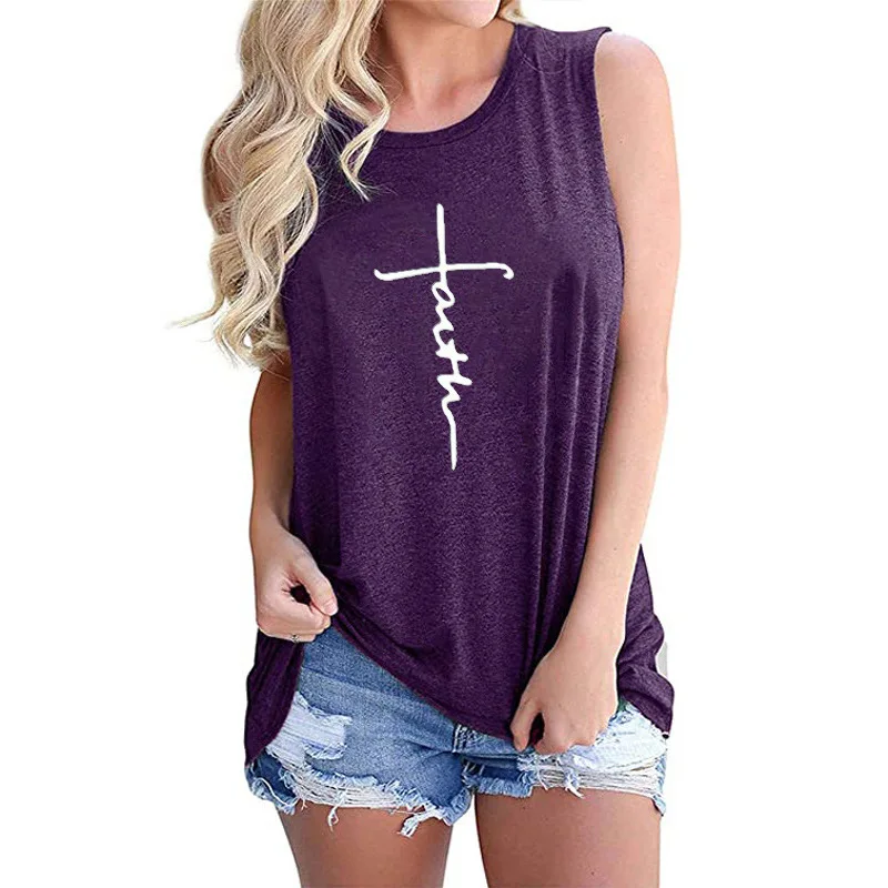 

Europe and The United States Popular Women's Vest Faith Letter Printing Round Neck Sleeveless T-shirt