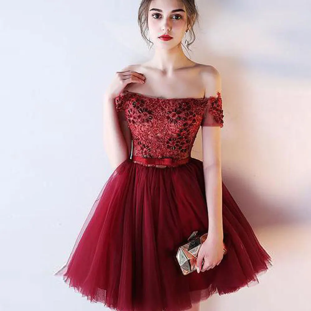 

Applique Beading Sleeveless Banbage Mini Off-the-shoulder horizontal neck Net/Tulle A-line Red Prom Dresses Bowknot\Bow