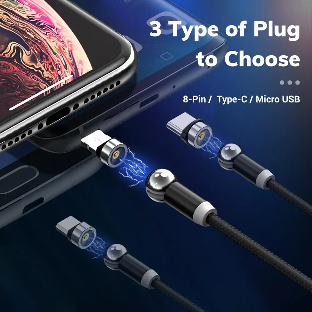 Магнитный зарядный кабель TOPK AM28 поворот на 360 градусов Micro USB Тип C СВЕТОДИОДНЫЙ