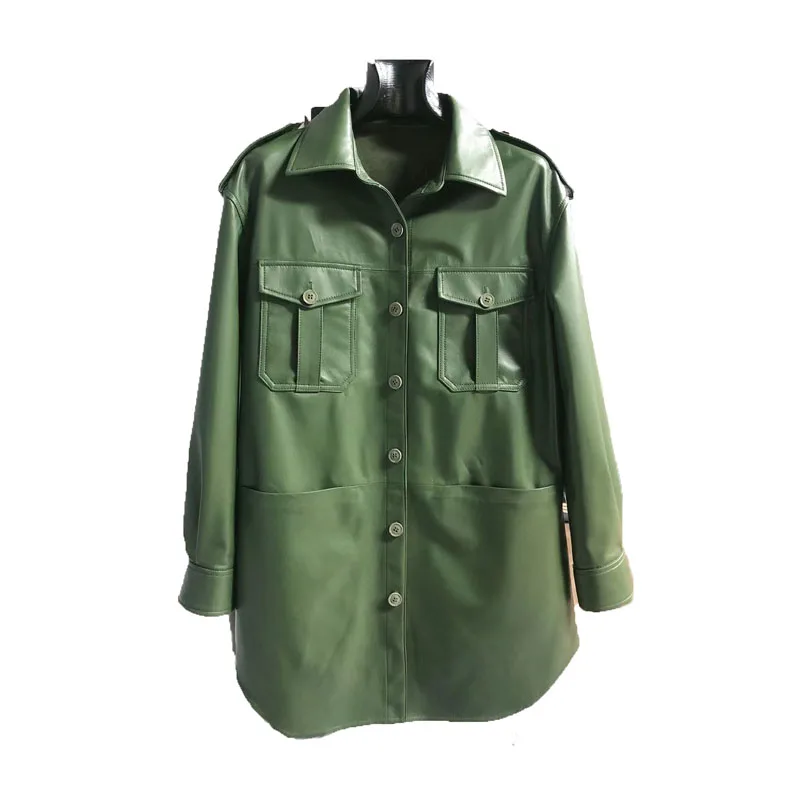 

Dark Green Coat Spring Women 2021 New Fashion Soft Leather Jacket With Belt Import Sheepskin Atmosphere Clothes