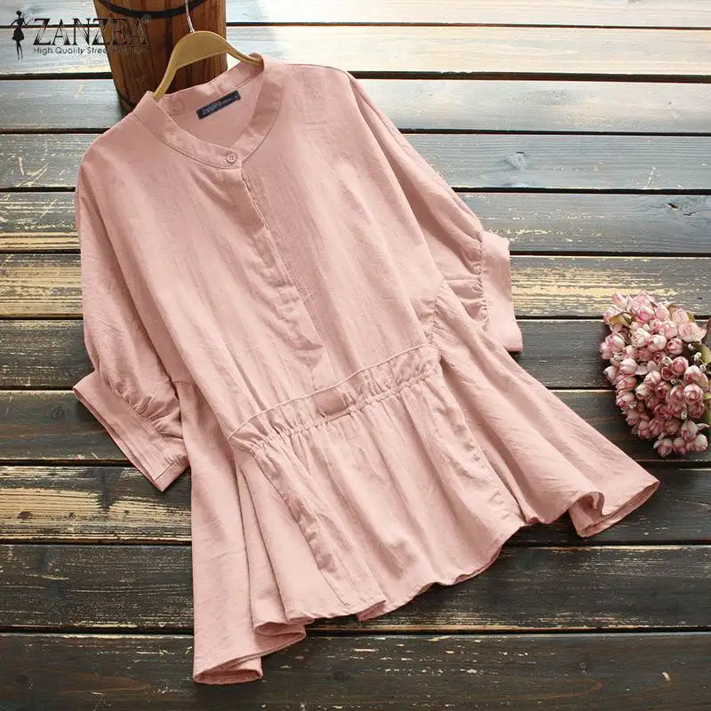 

Летняя женская однотонная хлопковая блузка 2021, элегантные топы макси с круглым вырезом и рукавами-фонариками, Повседневная Свободная однот...