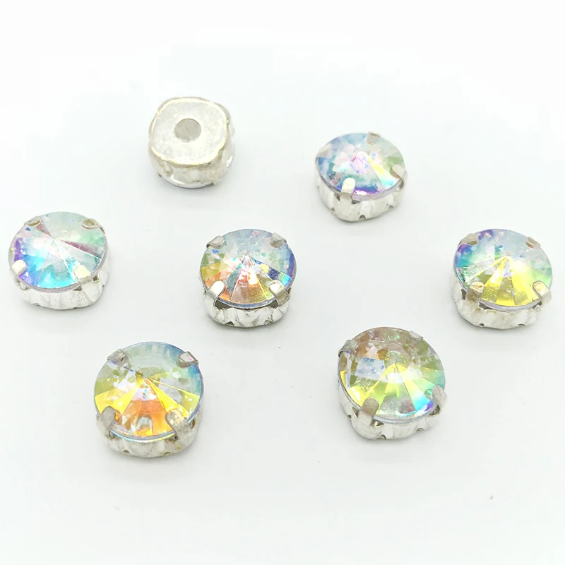 

12mm Round Sewing Crystal Glass Glitter With Silver Claw Sew on Stones Rhinestones For Needlework Clothes DIY Fabric