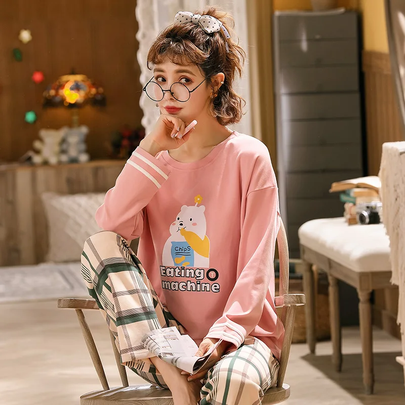 Foply Cartoon 100% Cotton Pajamas Set Women Home HomewearPyjamas Sleepwear Nightwear Pijama Mujer Home Wear Long Pant Nightsuit