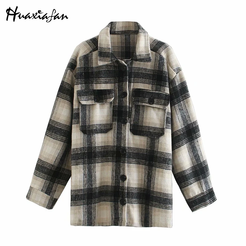 

Huaxiafan Woolen Casual Plaid Coat Jackets Women Autumn Pockets Ladies Chic Warm Outerwear Streetwear Female 2020 New Fashion