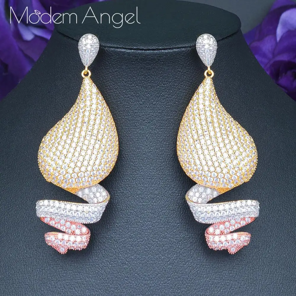 

ModemAngel Luxury Special Shape Wave Full Cubic Zirconia Pave Fashion Earrings For Woman Wedding Engagement Fashion Jewelry