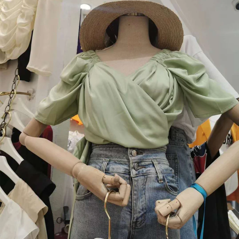 

Alien Kitty 2021 Summer Women Shirts Elegant Female Blouses Fashion Lace-up Girl Casual Puff Sleeve V-neck Thin Office Lady Tops