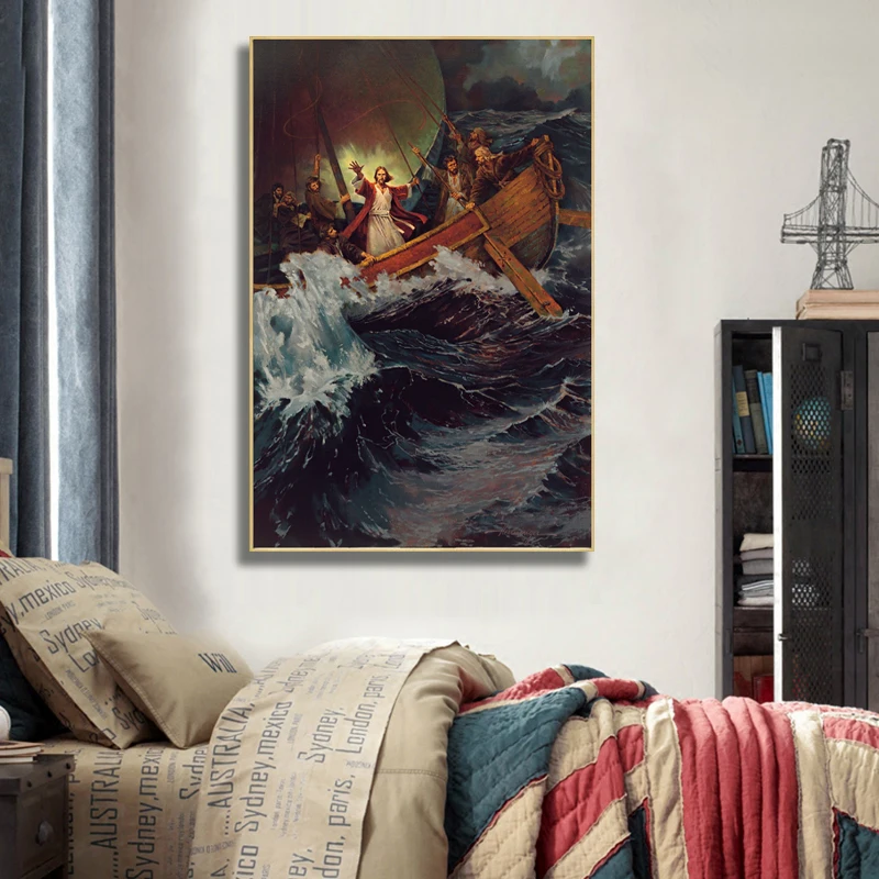 

Retro Jesus Christ God Canvas Painting Sea Boat Christian Poster and Prints Wall Art Pictures for Living Room Home Decor Cuadros