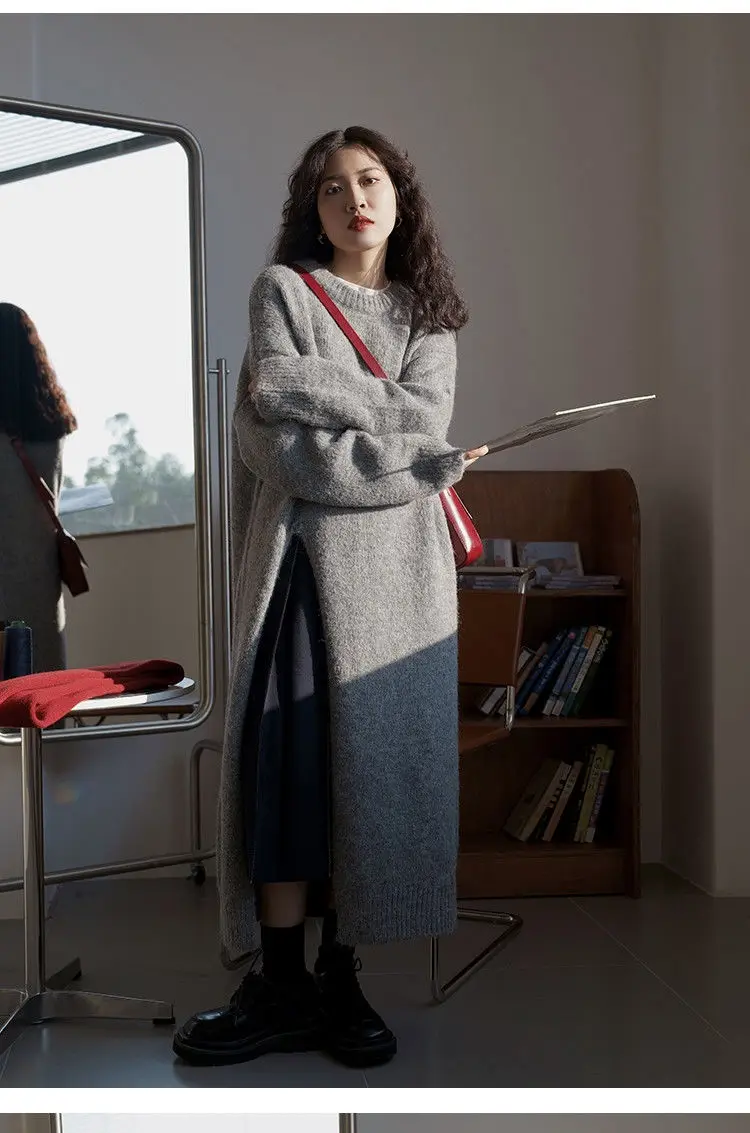 

Grey Pullover Knitted Dress Women's Bottomed Medium and Long Wool Dress with High Slit Design Sense of Minority Soft Waxy Inner