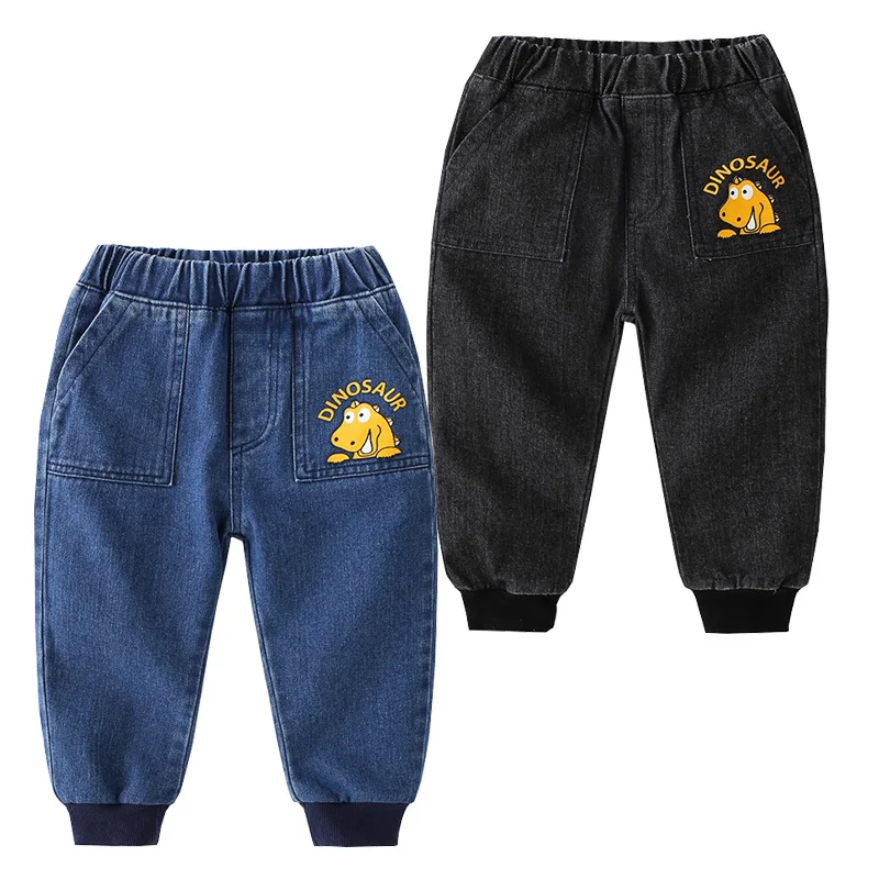 

Брюки для мальчиков, из мягкого денима, с динозавром, на осень и весну, с эластичным поясом, хлопковые, детская нижняя одежда