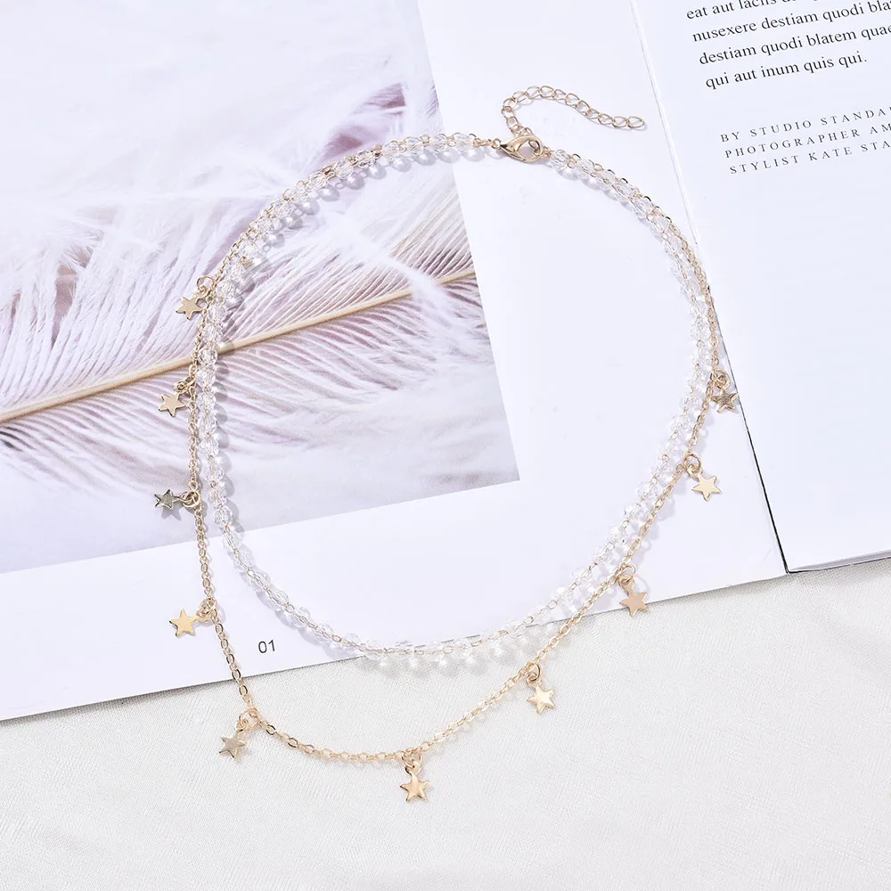 

2021 Chain Necklace Jewelry Double Beaded Gold Star Women Necklace Temperament Crystal Necklace Accessories Party Popular Gifts