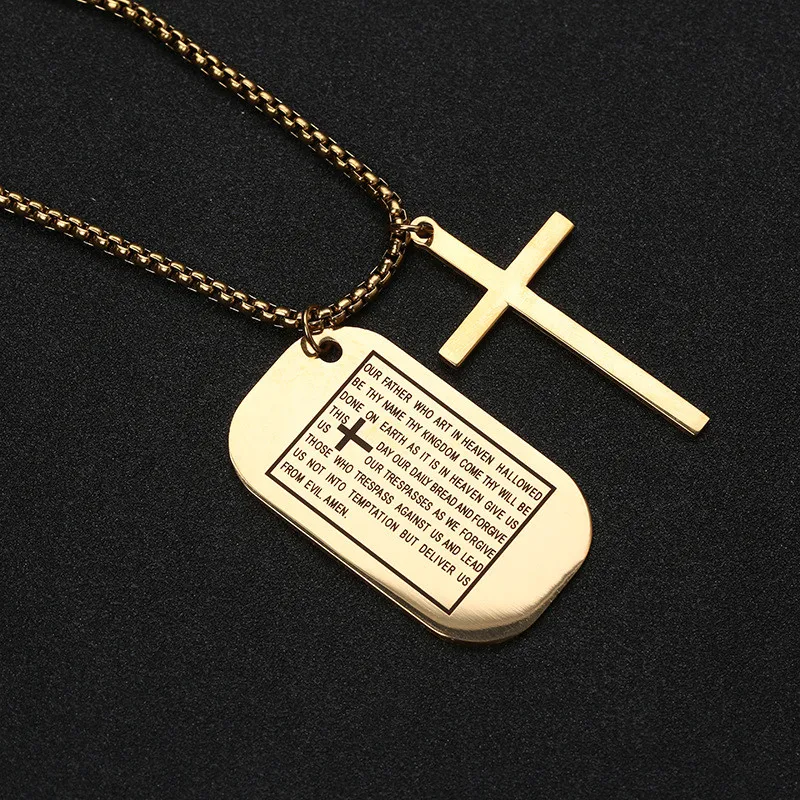 Military Style Dog Tags Cross Pendant Necklace Christian Lord's Prayer Bible Verse For Men Women Stainless Steel Charm Choker |