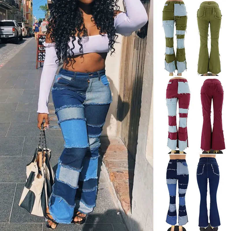 Женские расклешенные джинсы с заплатками винтажные модные брюки из денима