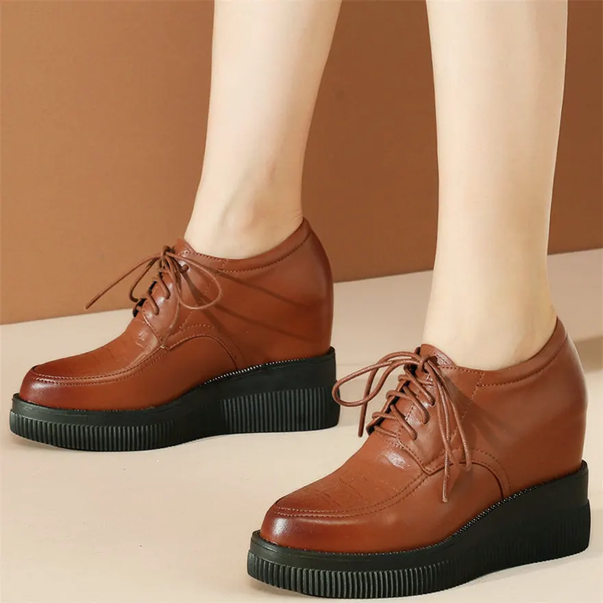 Casual Shoes Women Genuine Leather Wedges High Heel Ankle Boots Female Lace Up Pointed Toe Fashion Sneakers Low Top Trainers