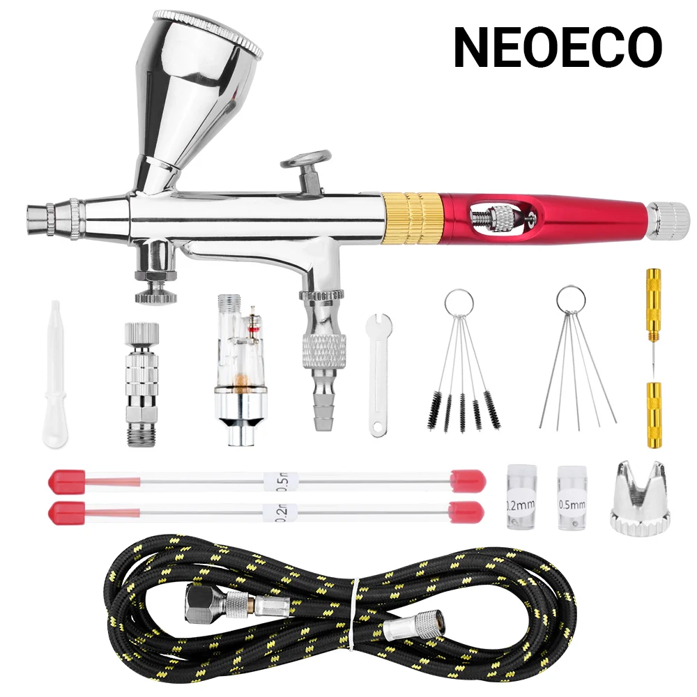 Gravity Dual-action Mini 9cc Airbrush Detachable Fluid Cup Paint Nail Spray Gun Makeup Paint Set Face Tattoo Art DIY Red Gold