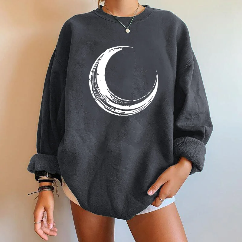 Moon Printed Women Sweatshirts Streetwear Crewneck Long Sleeve Drop Shoulder Loose Woman Sweatshirts Mulheres Sweetshirts