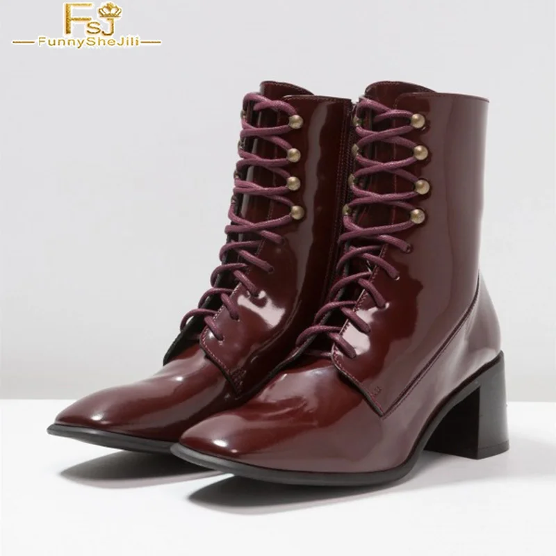 

FSJ винтажные темно-Бордовые женские ботильоны из лакированной кожи с квадратным носком на шнуровке на массивном каблуке благородные ботинк...