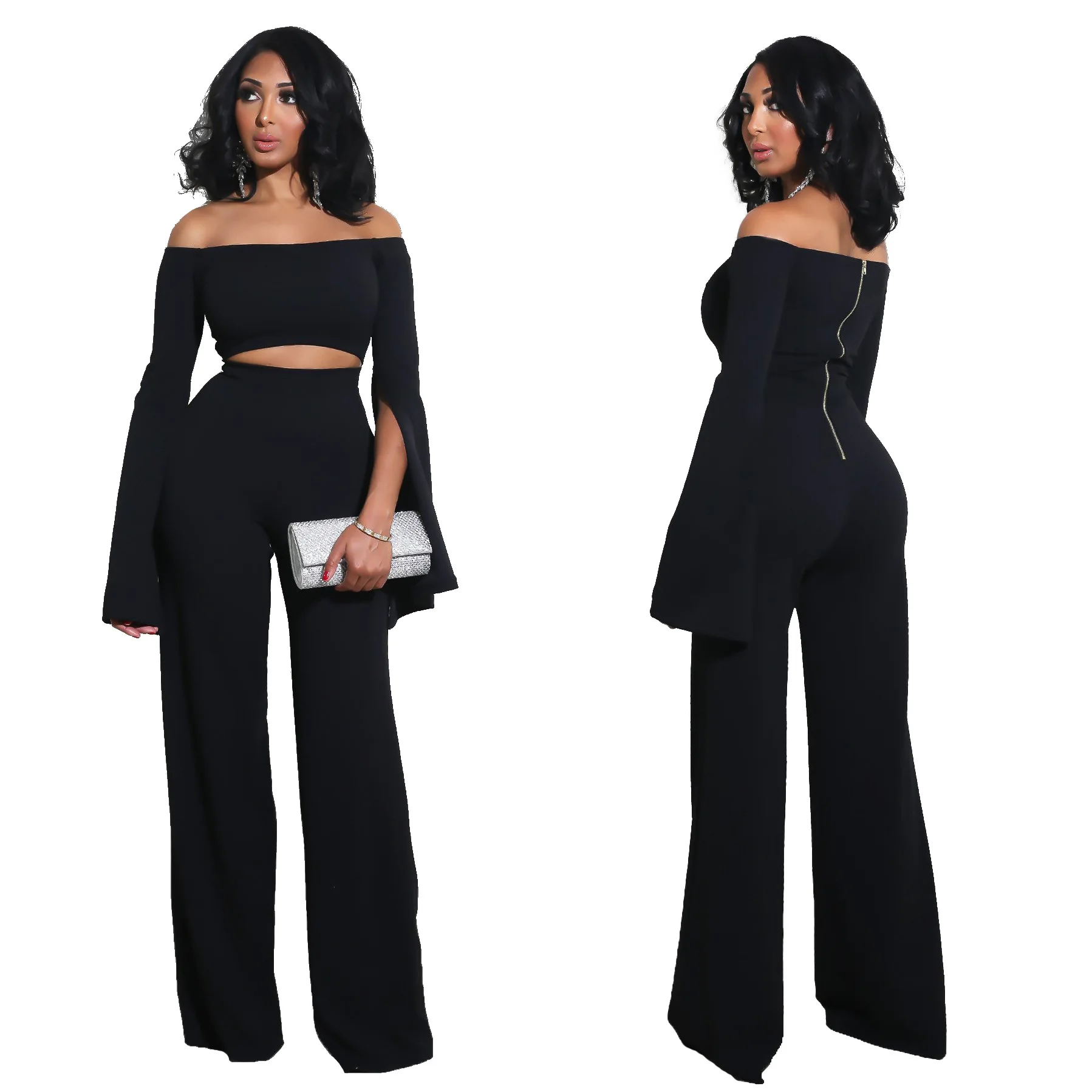 

Ladies Jumpsuit Sexy Off-shoulder Spring and Autumn Solid Color Split Long-sleeved Flared Pants All-in-one Trousers Zipper