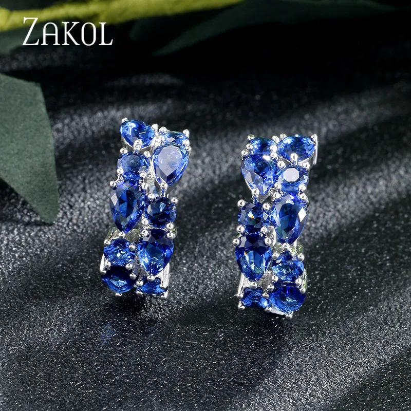 ZAKOL, модные серьги-гвоздики, розовый, золотой цвет Цирконий, Мона Лиза, Разноцветные серьги с кристаллами для женщин, свадебные ювелирные изделия, FSEP094 - Окраска металла: Blue