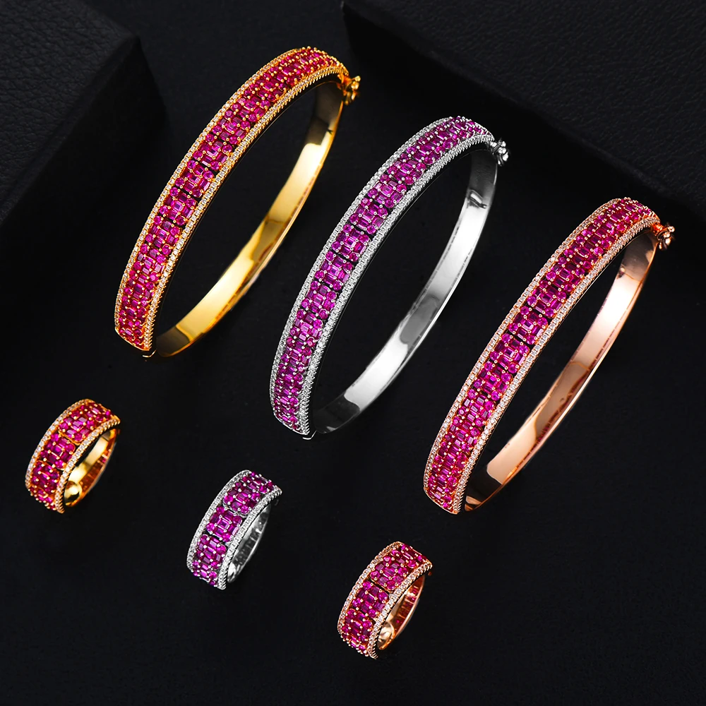 

GODKI Romantic Luxury Rainbow Shiny Bangle Ring Earrings Jewelry Set For Women Wedding Bridal Cubic Zirconia PARTY Jewelry 2020