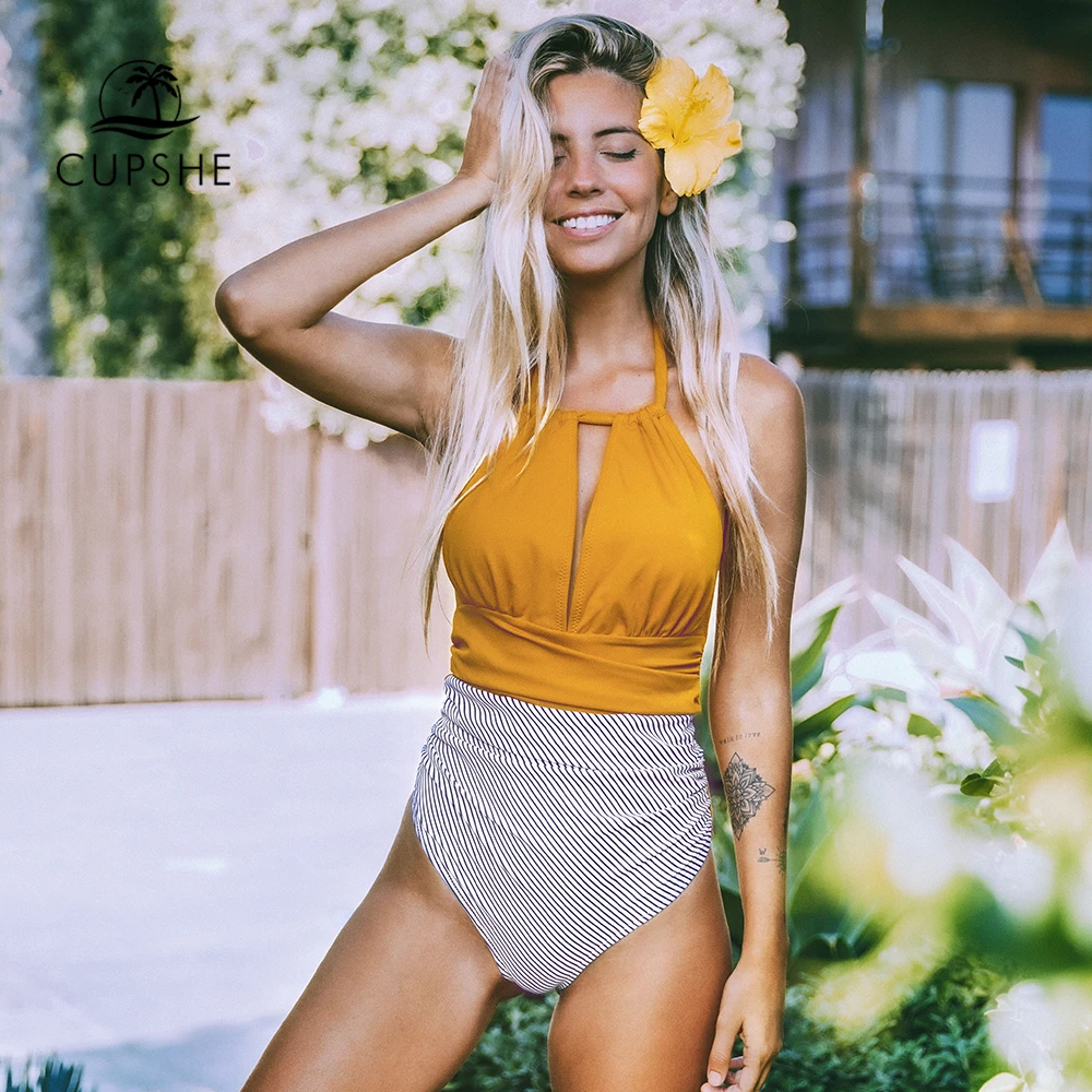 CUPSHE текстурированный и полосатый слитный купальник с лямкой через шею женский
